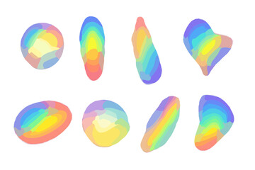 Abstract holographic gradient shapes collection. Vibrant rainbow spots of reflected sunlight. Caustic light leak and prism flare effect. Crystal glass dispersion and overlay.