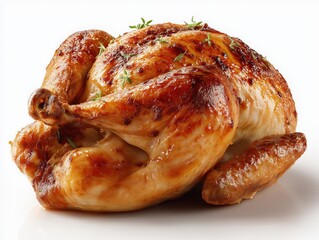 Crispy Roasted Chicken Whole Bird Herbed, Juicy Interior on White Background - Gourmet Cooking Techniques for Succulent Traditional Dinner