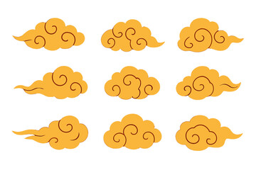 Set of traditional Chinese gold clouds. Asian Japanese style cloud collection. Oriental ornament element for decoration. Hand drawn vector illustration for lunar new year design.