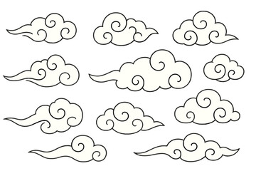 Chinese clouds vector collection in traditional oriental style. Asian smoke swirl graphic illustration set. Japan sky doodle line art design element for weather pattern.
