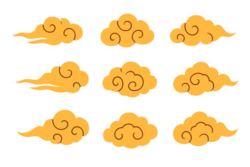 Asian cloud vector set. Traditional Chinese and Japanese golden clouds collection. Oriental ornament for decoration. Mythology smoke or wind symbol. Flat graphic illustration.
