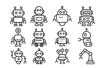 Robot line icon set. Vector collection of cute androids, bots, and cyborgs. Future technology, machine learning, and artificial intelligence concept. Minimalist linear pictograms.