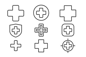 Obraz premium Medical cross and plus sign icon set. Health care, hospital, and first aid symbols. Vector collection of thin line icons for emergency, clinic, pharmacy, and medicine design.