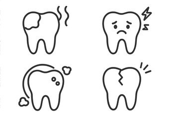 Tooth outline icon set with dental issues symbols, cavity, toothache pain, bad breath, cracked tooth, vector cartoon illustration for dental care, health, and medical design