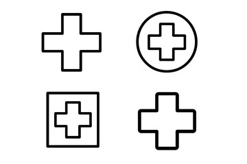 Fototapeta premium Medical cross and plus sign icon set. First aid, hospital, and pharmacy symbol collection. Vector line art for healthcare, emergency, and medicine concepts. Editable stroke.