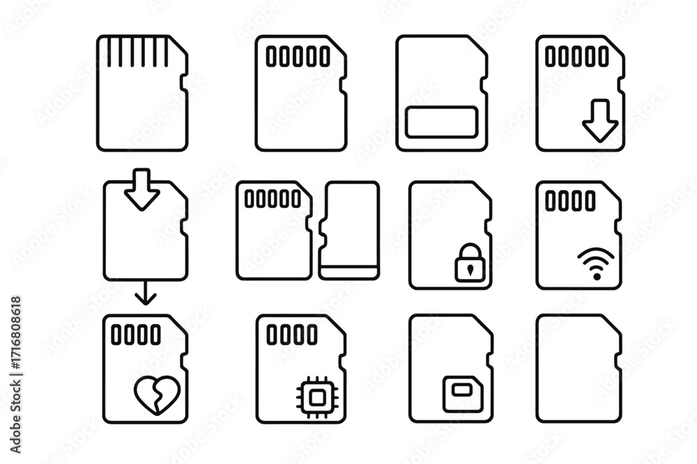 Poster microsd memory card line icon set. flash data storage, micro sd vector symbols. collection includes 