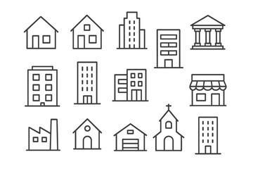 Fototapeta premium Building icon set. Simple line icons of house, home, office, bank, shop, factory, church. Real estate & architecture symbols. Minimal vector for web, UI, UX pictogram.