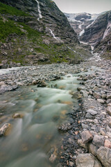 Fototapeta premium View of Kjenndalsbreen glacier next to Lovatnet lake (Norway)