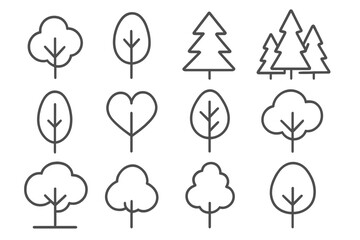 Tree line icon set. Simple forest, park, and nature symbols. Minimalist outline plant and wood pictogram collection. Editable stroke vector illustration for web and apps.