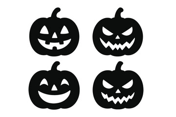 Jack o lantern face silhouette set. Halloween pumpkin vector icons. Scary, evil and cute, happy smiles. Black cartoon illustration collection for holiday decoration element.