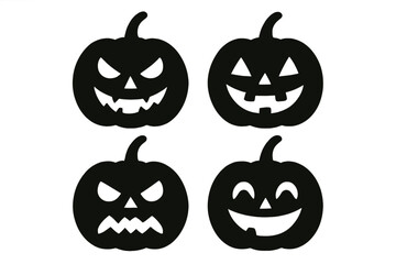 Halloween pumpkin silhouette icon set. Jack o lantern vector collection with different emotions. Spooky, happy, angry, funny carved faces for autumn holiday design.