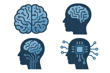 Artificial intelligence vector icon set. Head silhouette with brain, circuit board and computer chip. Concept for machine learning, deep learning, mind technology metaphor.