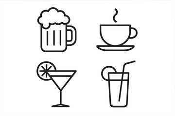 Drinks and beverages line icon set. Vector collection for design, website, app, card, menu. Contains linear images of beer, coffee, cocktail, juice, tea. Modern simple illustration.