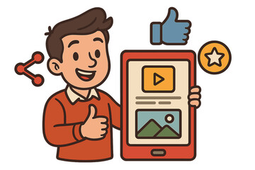 Social media marketing concept. Man sharing quality content online. Vector cartoon character with tablet giving thumbs up. User engagement and positive customer feedback.