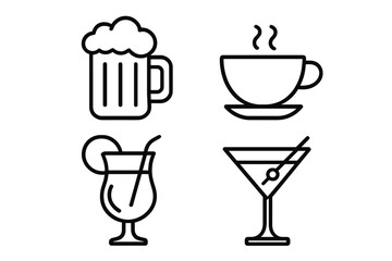 Vector line icon set of drinks and beverages. Modern collection with beer, coffee, cocktail, martini glass for bar, cafe menu design, web, apps, cards. Alcohol icon.
