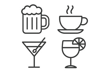 Beverage line icons. Vector set with beer mug, hot coffee cup, martini and cocktail glass. Simple outline pictograms for bar menu, website, mobile app or celebration.