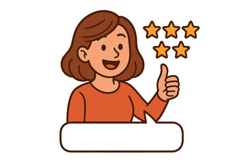 Satisfied customer leaving a positive five-star review. Happy woman giving a thumbs up. Testimonial, feedback, and recommendation concept. Vector cartoon character illustration.