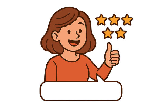 Satisfied customer leaving a positive five-star review. Happy woman giving a thumbs up. Testimonial, feedback, and recommendation concept. Vector cartoon character illustration.