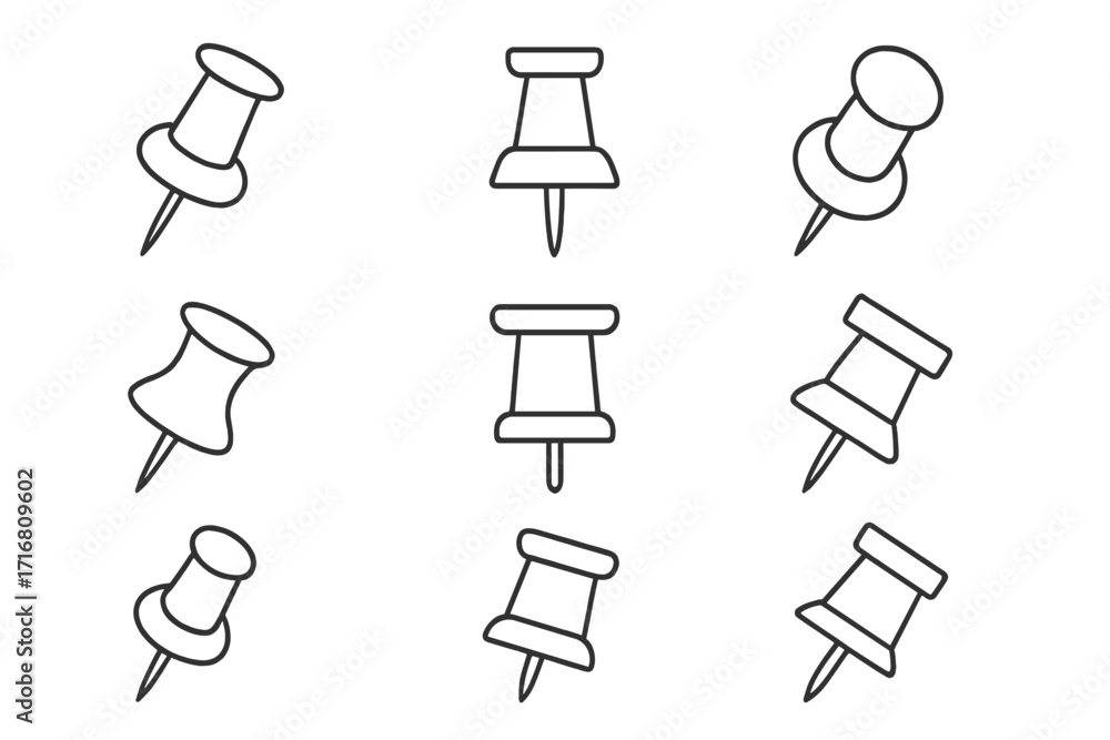 Aufkleber push pin line icon set. thumbtack vector collection for office and school. drawing pin for noticeboa