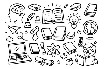Education doodle icon set. Concept of learning, knowledge, and science. Hand drawn school elements for back to school vector illustrations. Brain, book, student, globe, atom, idea.