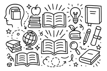 Education doodle set. Hand drawn vector line art. Learning, knowledge, science concept. Back to school icons. Book, lightbulb, brain, globe, diploma illustration collection.