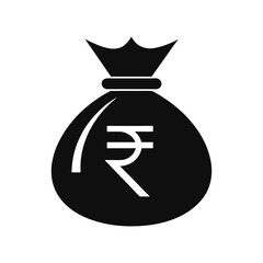 Money Bag Icon with Indian Rupee money sack silhouette vector on a white background