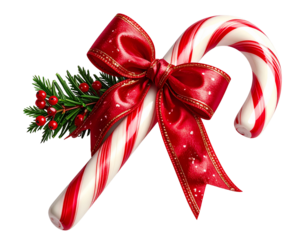 Christmas red ribbon bow with candy canes and pine branch isolated on transparent background