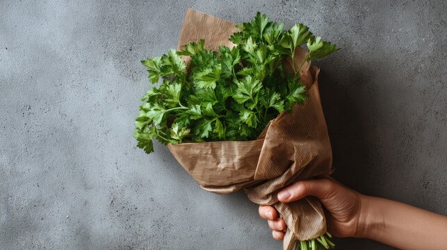Hand holds a fresh parsley bouquet wrapped in brown paper