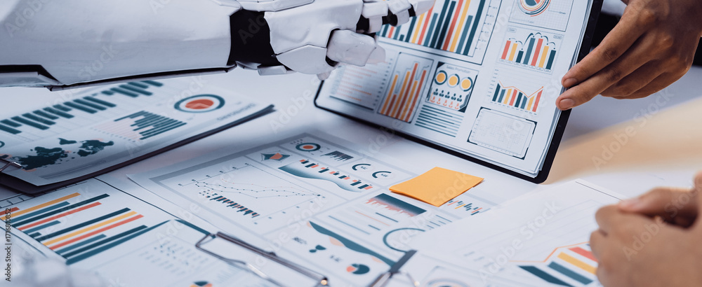 Poster a human and a robot collaborate on data analysis, surrounded by various graphs and charts. highlight
