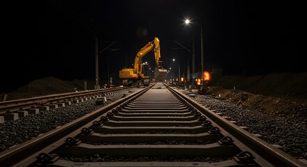 Naklejka premium Night construction of railway tracks with excavator and work lights