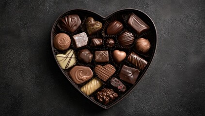 Heart-shaped chocolate box, assorted bonbons, dark background, Valentine's Day gift