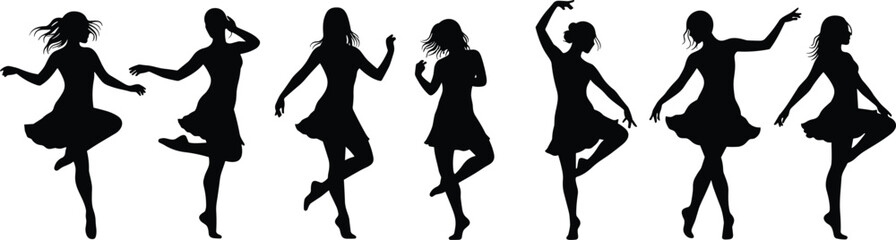 Female dancer silhouette set in expressive poses, black and white illustration, dress movement and emotion concept, performing arts, white background