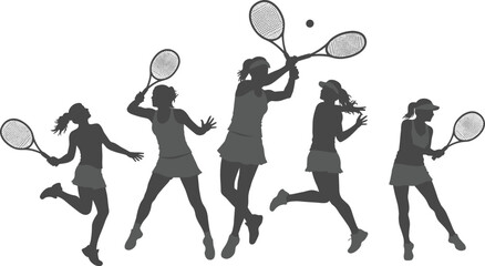 Female tennis player silhouette set, black and white illustration, dynamic action poses, racket and ball movement, sports concept, white background
