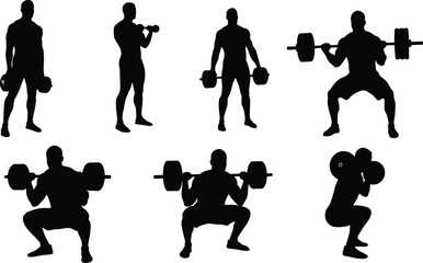 Silhouette men weightlifting, gym workout poses, bodybuilding exercises, strength training with dumbbells and barbells, fitness lifestyle, powerlifting, muscular male silhouettes, exercise concept