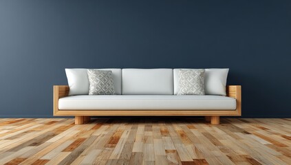 A modern, minimalist living room scene features a light beige sofa with patterned cushions, set against a deep navy wall and light brown wooden flooring.