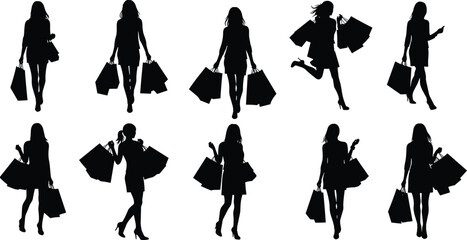 Silhouette of women shopping, carrying bags, fashion lifestyle, retail, consumer concept