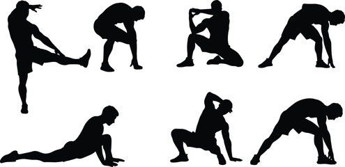Man stretching exercise silhouette, male fitness workout poses, gym stretching illustration, body flexibility training vector, sports athlete stretching design
