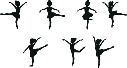 Silhouette ballerina dancing, ballet girl performance, young dancer in tutu, elegant ballet poses, classical dance art, children ballet illustration, training
