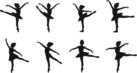 Silhouette ballerina girl, ballet dance poses, young dancer in tutu, elegant ballet movement, classical performance art, graceful ballerina child illustration
