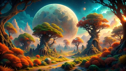 Photo of a fantastical landscape with alien trees and mountains under a giant, luminous moon and a colorful sky