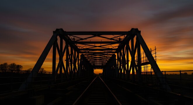 Dramatic sunset silhouette of a railway truss bridge with train tracks leading into the horizon under a vibrant sky