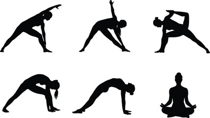 Silhouette women yoga poses, stretching, balance, meditation, flexibility exercise, healthy lifestyle, fitness training, relaxation, mindfulness practice, wellness, body strength