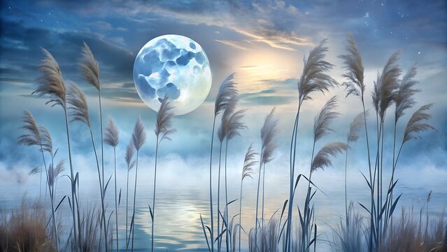 Photo of full moon shining over a misty lake with tall reeds in the foreground, creating a mystical night scene