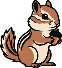 Illustration of a chipmunk, rendered in a pixel art style, holding an acorn. This charming digital drawing features a brown and tan chipmunk with distinctive stripes.