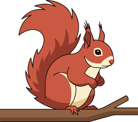 A charming illustration of a red squirrel sitting on a tree branch. The art style is pixelated, giving it a retro video game aesthetic. The squirrel is depicted in shades of red and brown, with a bush
