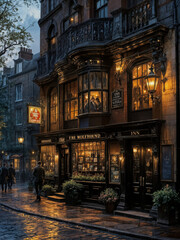 Old fashioned Inn on a city street in the evening with lights from the windows casting a warm glow on to the road 