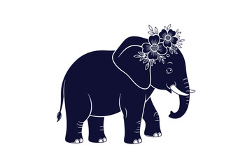 A baby elephant with floral pattern line art clip art vector illustration on white background