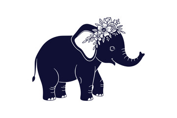 baby elephant with floral pattern line art clip art vector illustration on white background