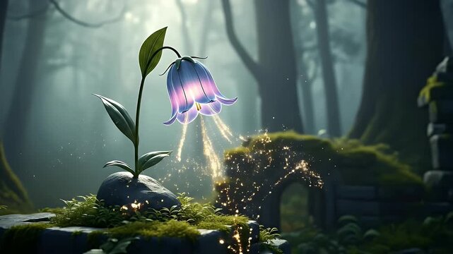 A single magical glowing bellflower releasing sparkling golden dust in an enchanted green forest
