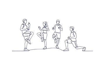 Continuous line art outline vector illustration of a group doing aerobics exercise on a white background